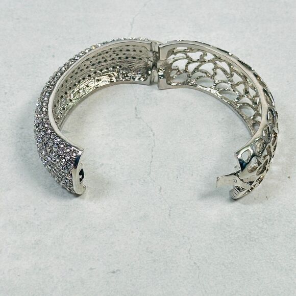 Womens Bracelet Bangle Pave Rhinestone Cut Ott Hearts Silver Tone 25mm Wide - Picture 8 of 12